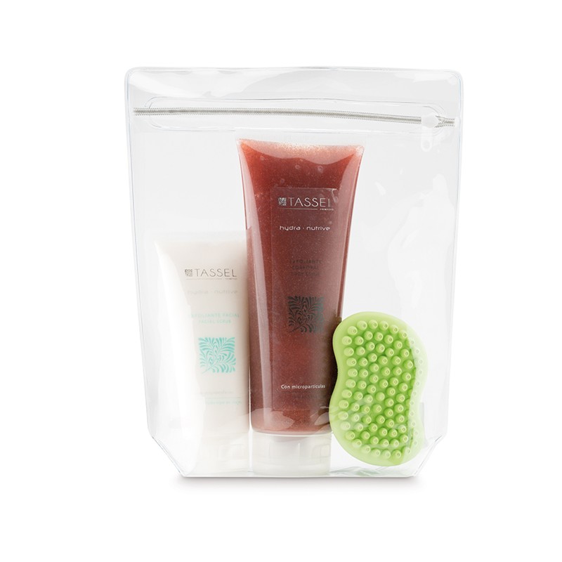 KIT EXFOLIANTE FACIAL Y CORPORAL CON ESPONJA DE GOMA TASSEL