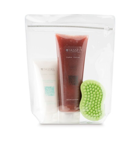 KIT EXFOLIANTE FACIAL Y CORPORAL CON ESPONJA DE GOMA TASSEL